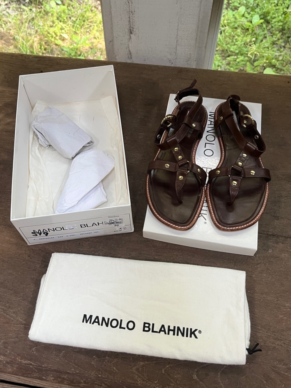 Manolo Blahnik Women’s Dark Brown Leather T-Strap Sandals with Gold Studs